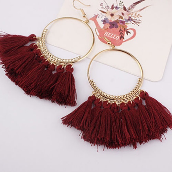 Dark Red Fringe Earrings - Picture 2 of 3
